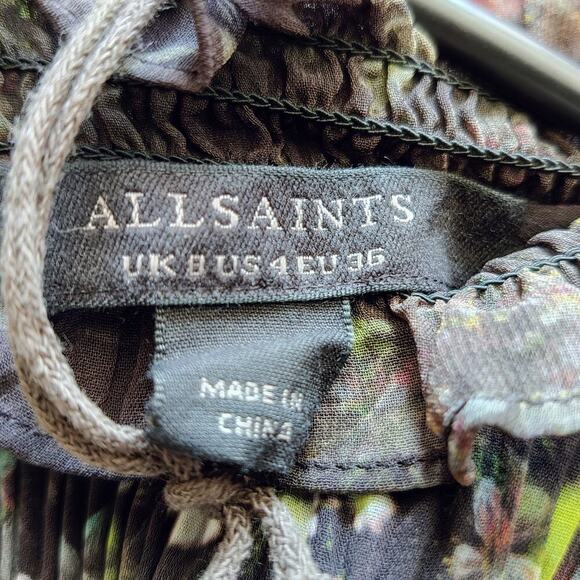 All Saints Cora Floral Top Pleated Blouse Sheer Black Ruffle Collar Neck Sz 4 - Picture 5 of 9